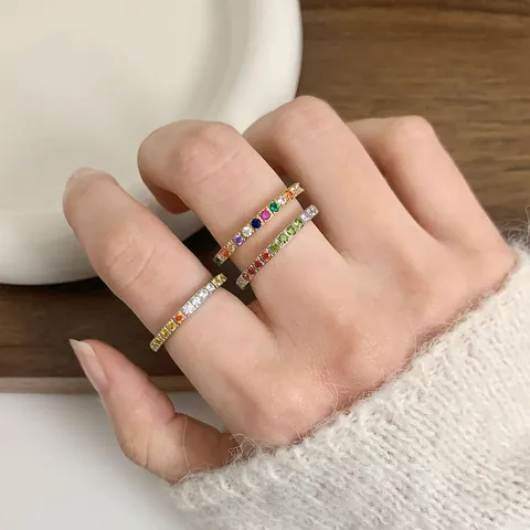 Fashion Titanium Steel Rainbow Rhinestone Band Ring For Women Electroplated Light Luxury Colorful Geometric Eternity Ring Daily Hand Jewelry Gift