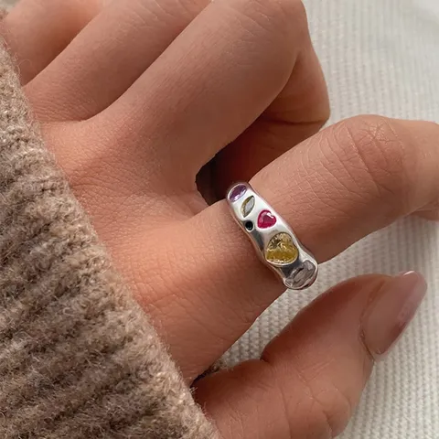Bague en Acier Titane avec Zirconia Coloré Plaqué Or Argent Anneau Simple Doux Cool Cœur Géométrique Bague pour Femme Bijoux Cadeau