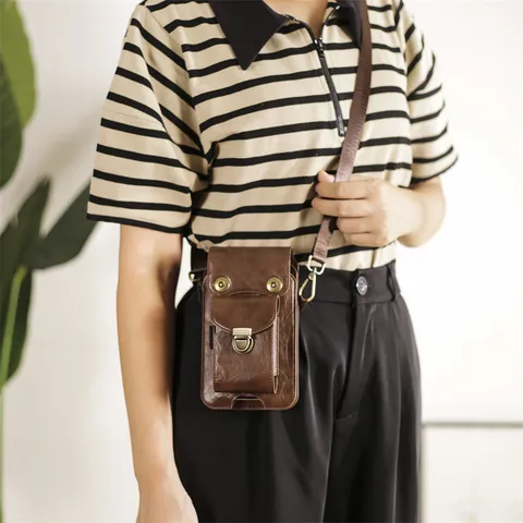 Universal Genuine Leather Vertical Dual Layer Waist Bag Men Business Phone Crossbody Pouch Double Compartment Flap Belt Pack Cover Anti Drop Travel Wallet Sports Hanging Cross Bag Bag