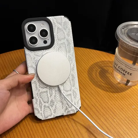 Coque de Téléphone Magnétique Motif Peau de Serpent pour iPhone Pro Max Luxe PC PU Bosselé Antichoc Housse Avec Support Dragonne