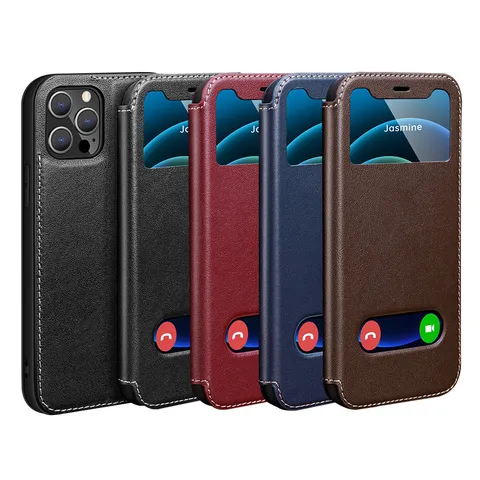 Business Genuine Leather Flip Wallet Case With Dual View Windows Stitching Shockproof Full Cover Smart Phone Protective Shell