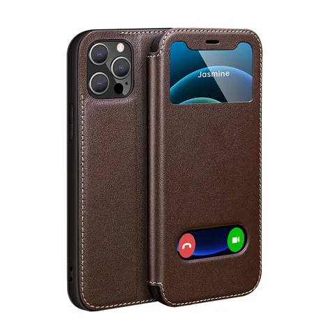Business Genuine Leather Flip Wallet Case With Dual View Windows Stitching Shockproof Full Cover Smart Phone Protective Shell