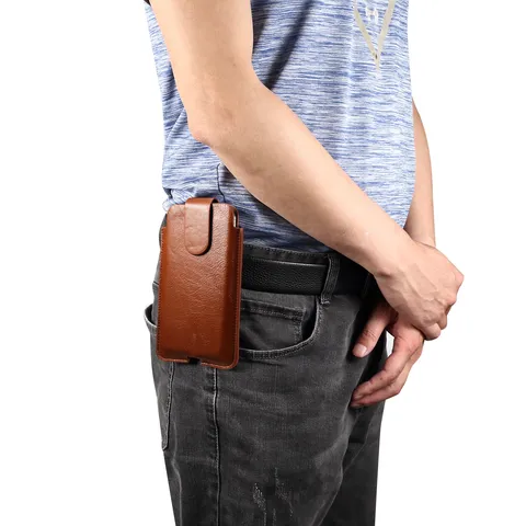 Riñonera Universal de Cuir Genuino para Teléfono Móvil Hombre Funda Protectora Antichoque con Cierre Magnético y Hebilla de Cinturón