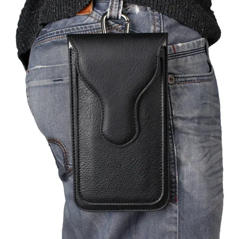Universal PU Leather Phone Waist Bag Double Layer Climbing Phone Pouch With Belt Loop Carabiner For Outdoor Hiking Men