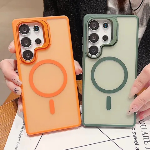Coque Magnétique en TPU PC Effet Peau Mate Avec Béquille d'Objectif Métallique Housse Antichoc pour Samsung Galaxy