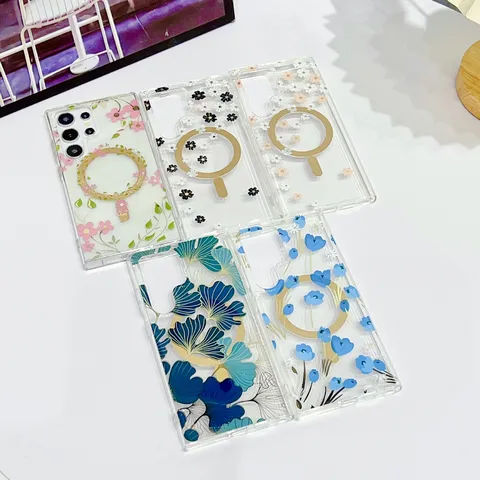 Magnetic Phone Case For Samsung Galaxy S26 Ultra S25 S24 IMD Floral Pattern PC TPU Shockproof Wireless Charging Back Cover