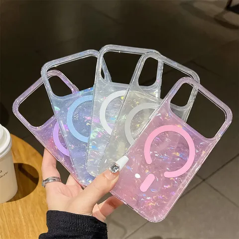 Funda Magnética para Teléfono con Patrón de Concha de Brillantina para iPhone Antichoque Transparente TPU Acrílico Protectora