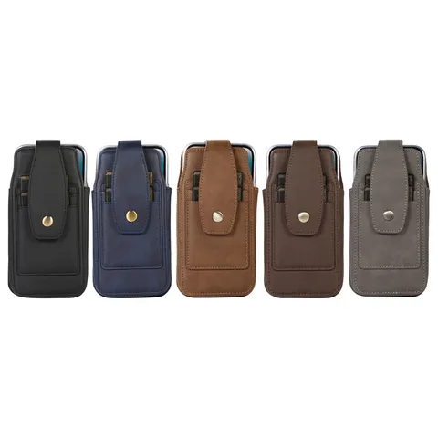 Men Retro PU Leather Belt Loop Phone Holster With Card Slot Carabiner Vertical Waist Bag For Outdoor Daily Universal Mobile Phone Pouch