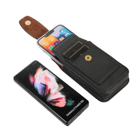 Men Retro PU Leather Belt Loop Phone Holster With Card Slot Carabiner Vertical Waist Bag For Outdoor Daily Universal Mobile Phone Pouch