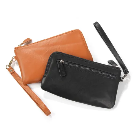 Top Layer Cowhide Leather Wallet Phone Bag With Lanyard Universal Zipper Handbag Protective Holster For Smartphones