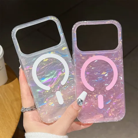 Funda Magnética para Teléfono con Patrón de Concha de Brillantina para iPhone Antichoque Transparente TPU Acrílico Protectora