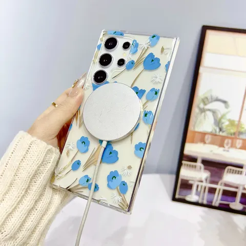 Magnetic Phone Case For Samsung Galaxy S26 Ultra S25 S24 IMD Floral Pattern PC TPU Shockproof Wireless Charging Back Cover