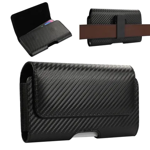 Universal Phone Holster Case With Belt Clip Carbon Fiber Texture PU Leather Waist Bag Magnetic Closure Protective Cover For Men