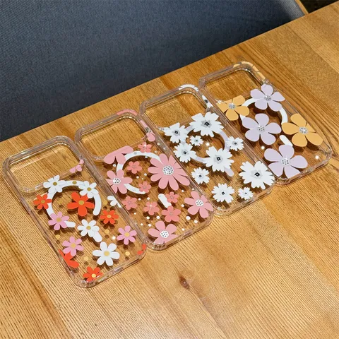 Magnetic Floral Clear Phone Case For iPhone Full Coverage Embossed Flower Protective Back Cover Shield
