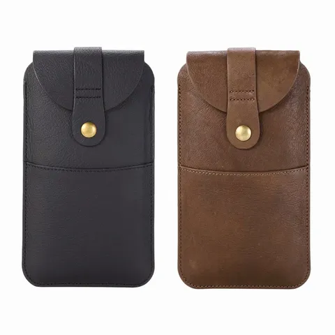 Minimalist Genuine Cowhide Leather Vertical Phone Pouch Waist Loop Holster Magnetic Wallet Bag Card Slot Case For Men Women
