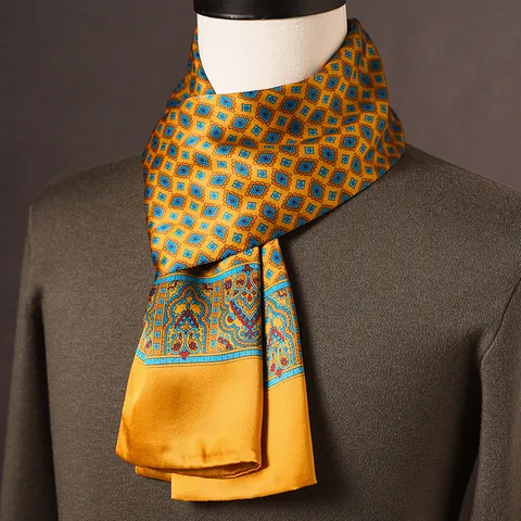 Bufanda de Seda de Morera para Hombre Larga de Cuadros Lunares Negocios Casual Cuello Pañuelo Primavera Otoño Invierno Accesorios de Moda Regalo