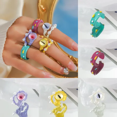 Cute Cat Monster Eye Open Ring For Women Adjustable Alloy Drip Oil Ring With Artificial Pearl Quirky Y2K Jewelry Gift