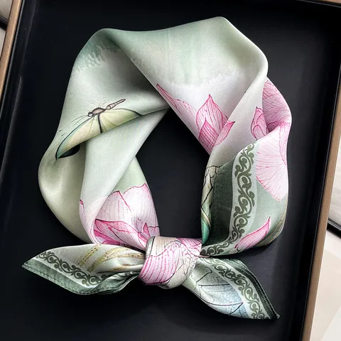 Women Pure Mulberry Silk Square Scarf Vintage Floral Printed Elegant Neck Scarf Fashion Silk Accessories For Daily Wear