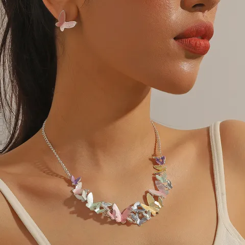 Butterfly Necklace Earring Set Colorful Enamel Butterfly Pendant Choker For Women Subculture Vintage Vacation Style Alloy Jewelry Gift