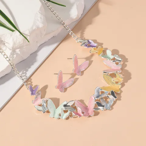 Butterfly Necklace Earring Set Colorful Enamel Butterfly Pendant Choker For Women Subculture Vintage Vacation Style Alloy Jewelry Gift