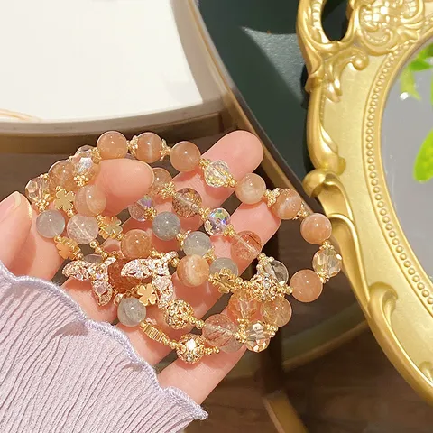 Sweet Crystal Beaded Bracelet For Women Elegant Moonstone Rutilated Quartz Charm Bracelet Handmade Mermaid Tail Clover Pendant Wristband Gift