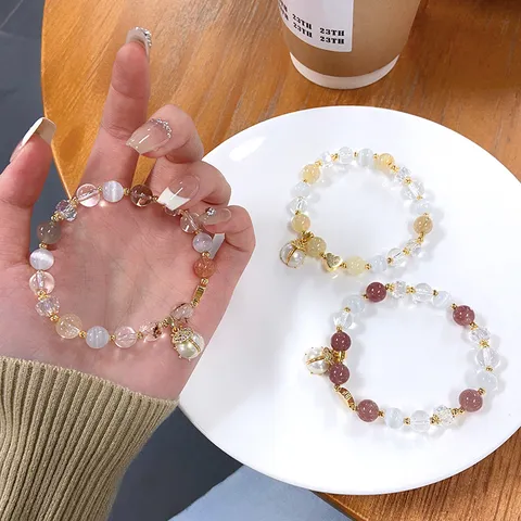 Sweet Crystal Beaded Bracelet With Ladybug Heart Pendant Alloy Rhinestone Artificial Pearl Fresh Rutilated Quartz Bracelet For Women Gift