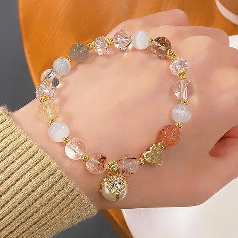 Sweet Crystal Beaded Bracelet With Ladybug Heart Pendant Alloy Rhinestone Artificial Pearl Fresh Rutilated Quartz Bracelet For Women Gift
