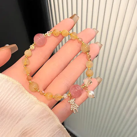 Sweet Citrine Rutilated Strawberry Quartz Beaded Charm Bracelet For Women Rhinestone Bear Artificial Pearl Elegant Handmade Elastic Strand Jewelry Gift