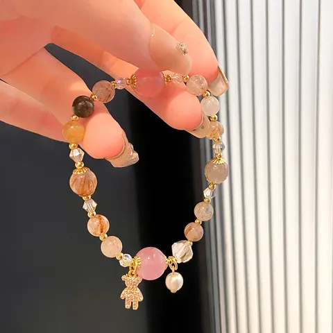 Sweet Citrine Rutilated Strawberry Quartz Beaded Charm Bracelet For Women Rhinestone Bear Artificial Pearl Elegant Handmade Elastic Strand Jewelry Gift