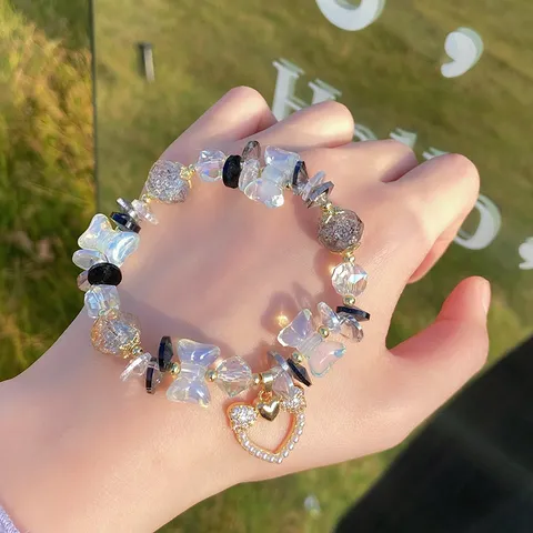 Sweet Mori Girl Style Alloy Colored Glaze Beaded Bracelet With Rhinestone Heart Pendant Bowknot Artificial Pearl Bracelet Jewelry For Women