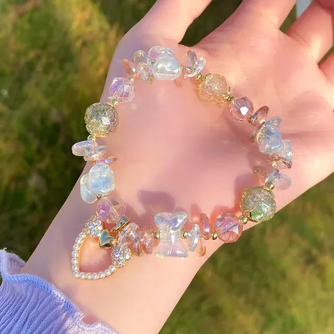 Sweet Mori Girl Style Alloy Colored Glaze Beaded Bracelet With Rhinestone Heart Pendant Bowknot Artificial Pearl Bracelet Jewelry For Women