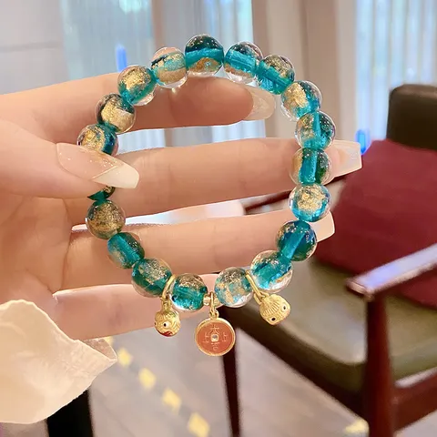 Retro Chinese Style Glass Glaze Gold Foil Beaded Bracelet Vintage Mythical Beast Charm Pendant Strand Bracelet For Women Elegant Hand Jewelry Gift