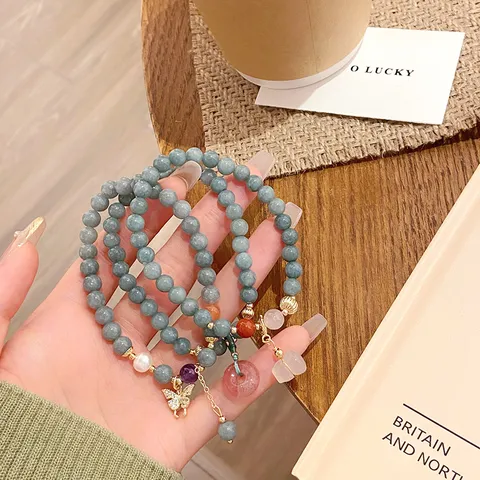 Ethnic Style Burmese Jade Beads Bracelet For Women Handmade Natural Stone Strawberry Quartz Butterfly Safety Buckle Gourd Peach Beads Bracelet Jewelry Gift