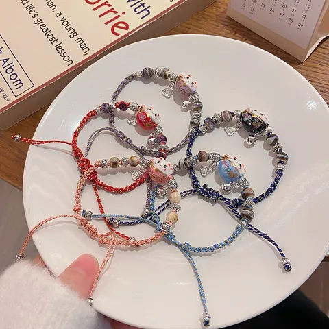 Fresh Ceramic Lucky Cat Braided Bracelet For Women Alloy Charm Handmade Rope Wristband Travel Souvenir Gift Jewelry