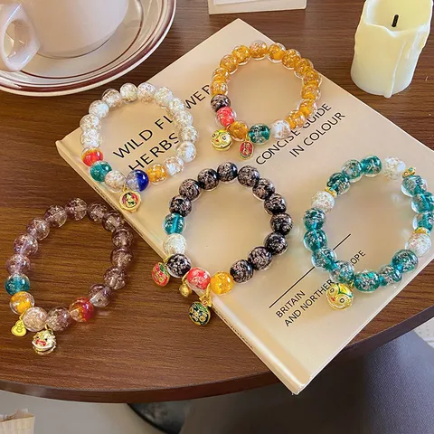 Vintage Ethnic Colored Glaze Bracelet For Women Retro Mythical Beast Lucky Pendant Handmade Beaded Bracelet Jewelry Gift