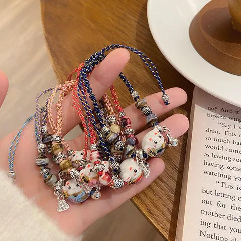Fresh Ceramic Lucky Cat Braided Bracelet For Women Alloy Charm Handmade Rope Wristband Travel Souvenir Gift Jewelry
