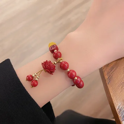 Chinese Style Cinnabar Beaded Bracelet For Women Vintage Red Round Bead Lucky Blessing Elephant Lotus Pendant Bracelet Holiday Jewelry Gift