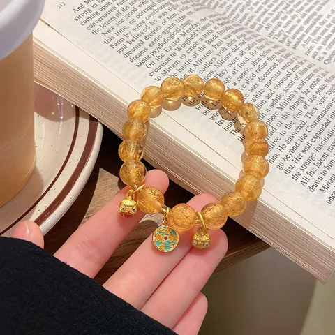 Retro Chinese Style Glass Glaze Gold Foil Beaded Bracelet Vintage Mythical Beast Charm Pendant Strand Bracelet For Women Elegant Hand Jewelry Gift