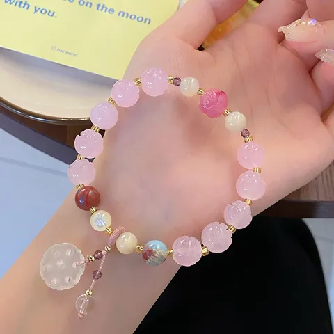 New Chinese Style Pink Crystal Lotus Leaf Beaded Bracelet For Women Sweet Flower Pendant Handmade Jewelry Souvenir
