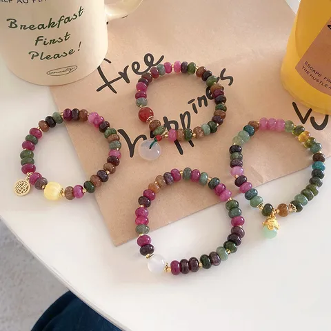 Ethnic Style Colorful Jade Agate Beaded Bracelet Retro Literary Fortune Cat Fu Pendant Hand Jewelry Gift For Women Friends