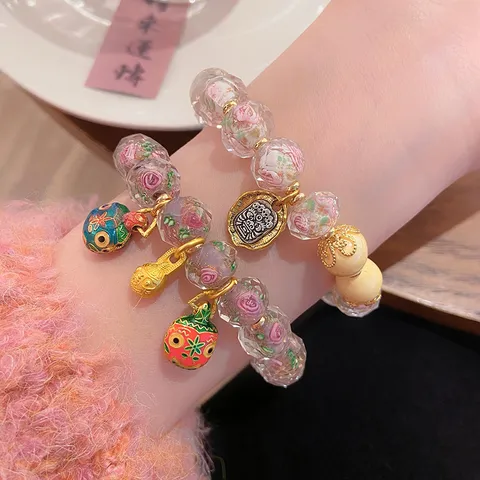 Sweet Fresh Princess Style Glass Rose Bracelet Mythical Creature Charm Handmade Lampwork Floral Beaded Hand Chain For Women