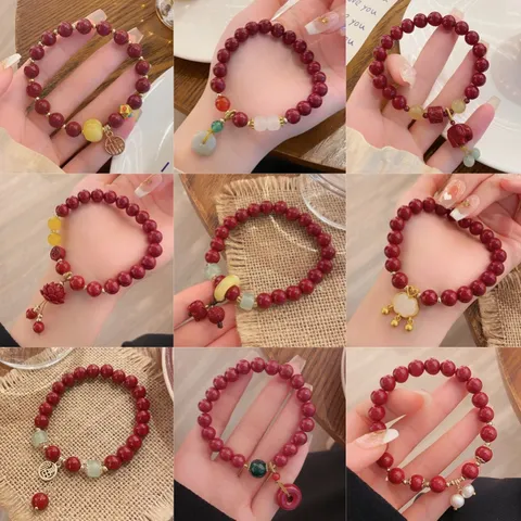 Chinese Style Cinnabar Beaded Bracelet For Women Vintage Red Round Bead Lucky Blessing Elephant Lotus Pendant Bracelet Holiday Jewelry Gift