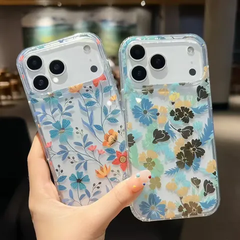 Fresh Floral Clear Phone Case For iPhone Laser Holographic Shockproof Anti-Scratch PC TPU Plant Leaves Protective Cover Back Shell