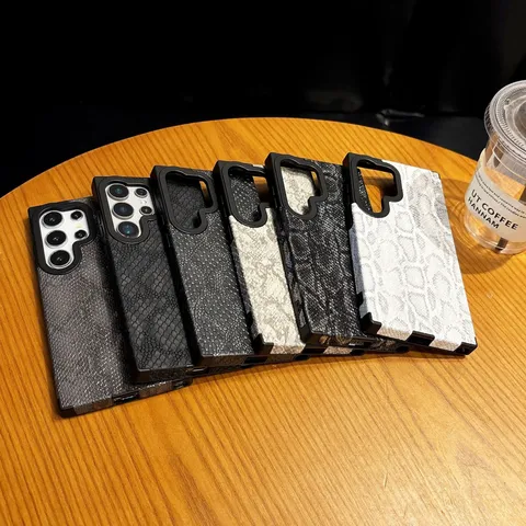 Snakeskin Pattern Magnetic Phone Case For Samsung Galaxy Ultra Plus Series Full Coverage Shockproof Cover Wrist Strap Holder