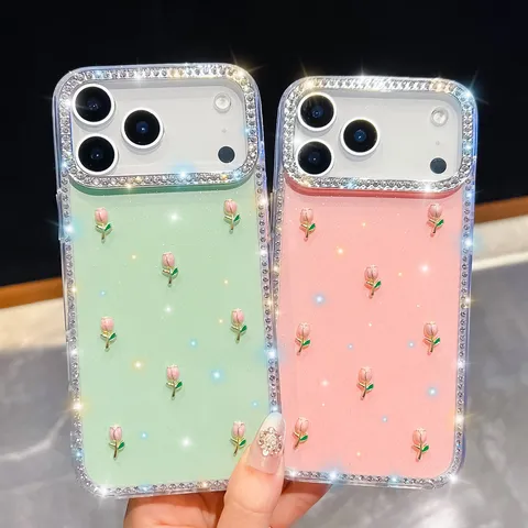 Funda de Teléfono de Lujo de Acrílico Con Strass y Tulipán Tridimensional Purpurina Estrella Transparente Antichoque para Mujer