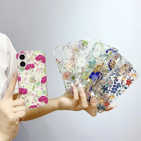 Fresh Floral Clear Phone Case For iPhone Laser Holographic Shockproof Anti-Scratch PC TPU Plant Leaves Protective Cover Back Shell
