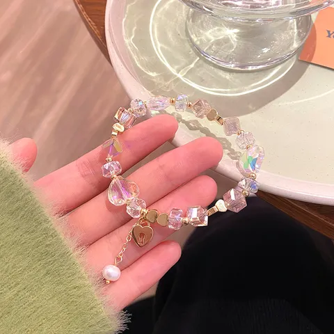 Fresh Sweet Mori Girl Artificial Crystal Beaded Bracelet Alloy Heart Shape Lock Pendant Artificial Pearl Tassel Charm Bracelet For Women Daily Jewelry Gift