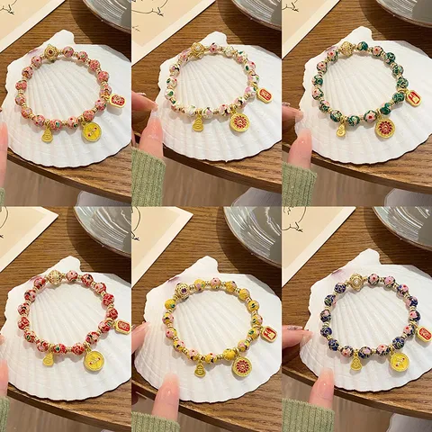 Chinese Style Cloisonne Beaded Bracelet Vintage Handmade Alloy Enamel Floral Pattern Charm Strand Bracelet For Women Jewelry Gift