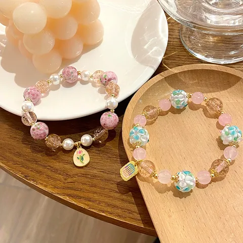Sweet Fairy Style Glass Flower Ball Beaded Bracelet Luxurious Handmade Alloy Artificial Pearl Stranded Bracelet For Women Party Gift Jewelry