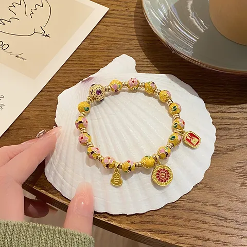 Chinese Style Cloisonne Beaded Bracelet Vintage Handmade Alloy Enamel Floral Pattern Charm Strand Bracelet For Women Jewelry Gift
